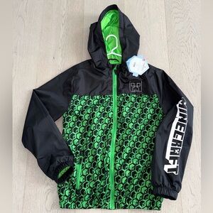 Minecraft Jacket Windbreaker Lightweight Black & Green Zip-up Hoody Boys Size L